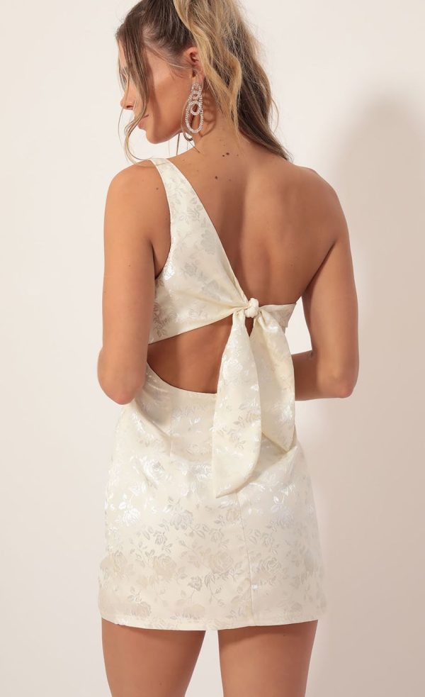Satin Jacquard Shoulder Dress in Ivory - Image 2
