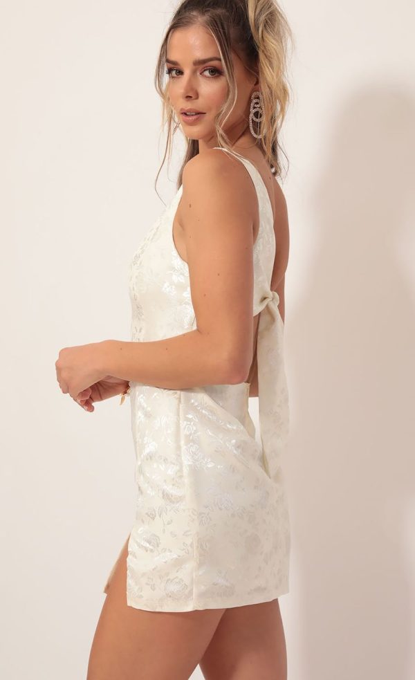 Satin Jacquard Shoulder Dress in Ivory - Image 3