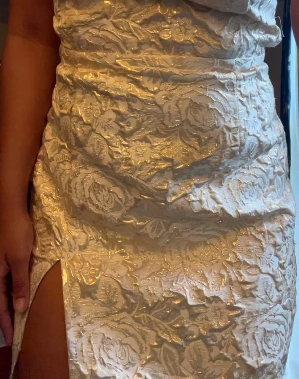 Satin Jacquard Shoulder Dress in Ivory - Image 4