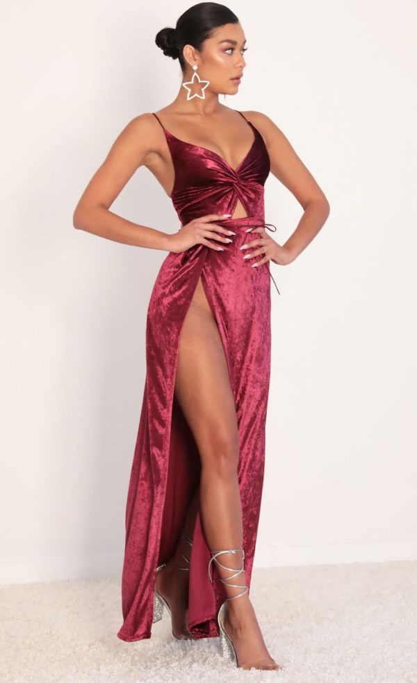 Front Twist Velvet Maxi in Merlot - Image 3