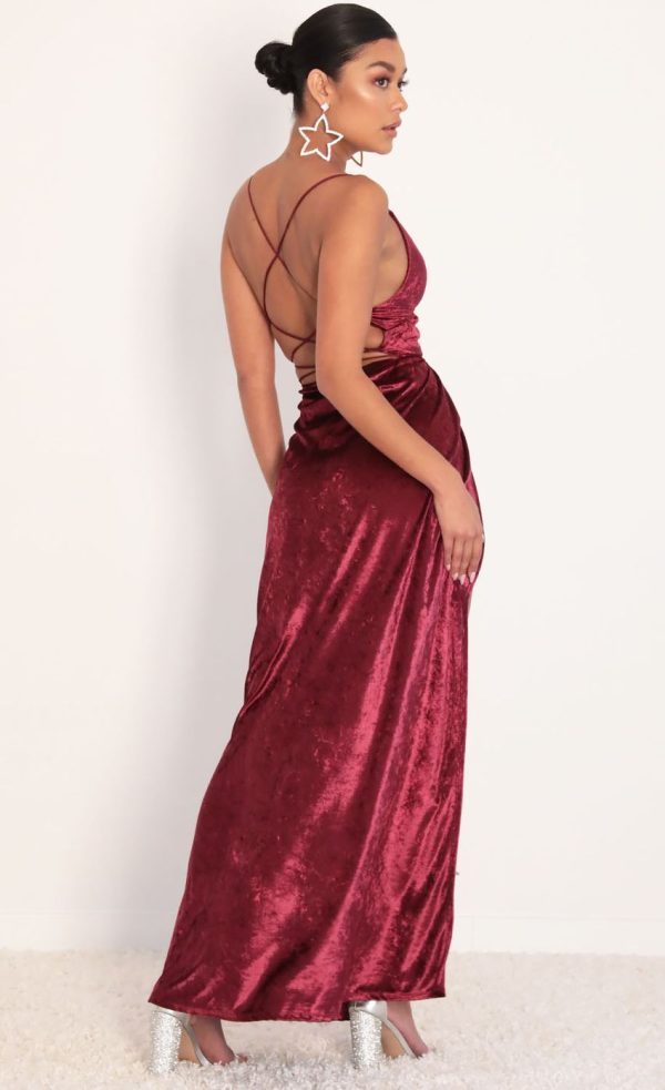 Front Twist Velvet Maxi in Merlot - Image 4