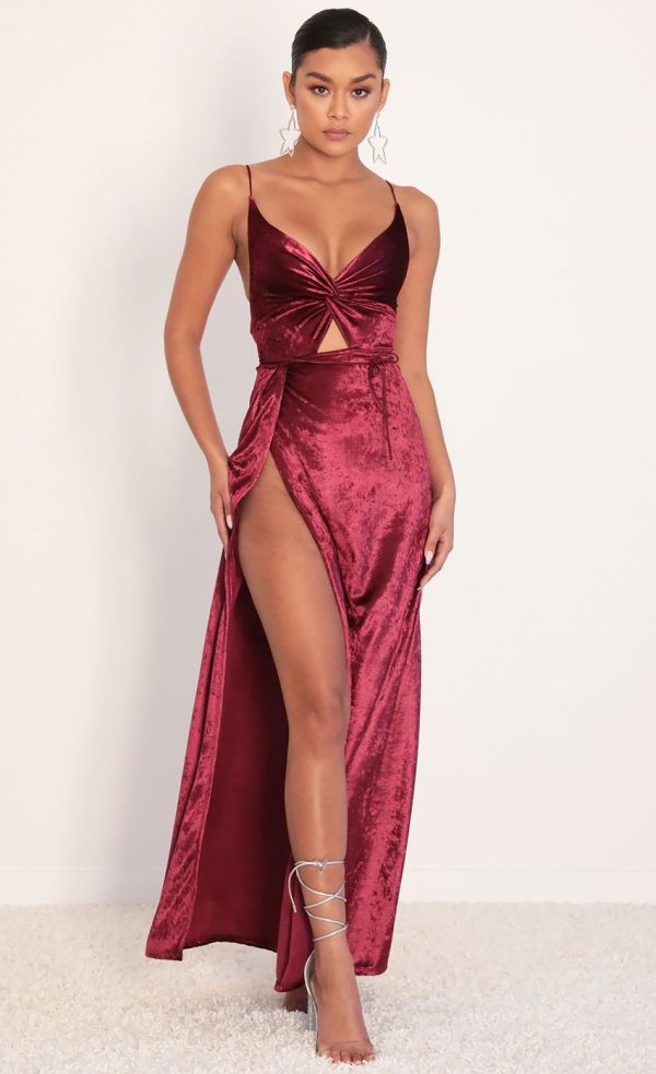 Front Twist Velvet Maxi in Merlot - Image 5