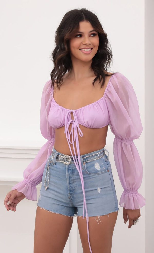 Puff Sleeve Front Tie Crop In Lilac - Image 3