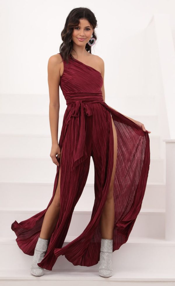 Shimmer One Shoulder Jumpsuit in Burgundy - Image 3