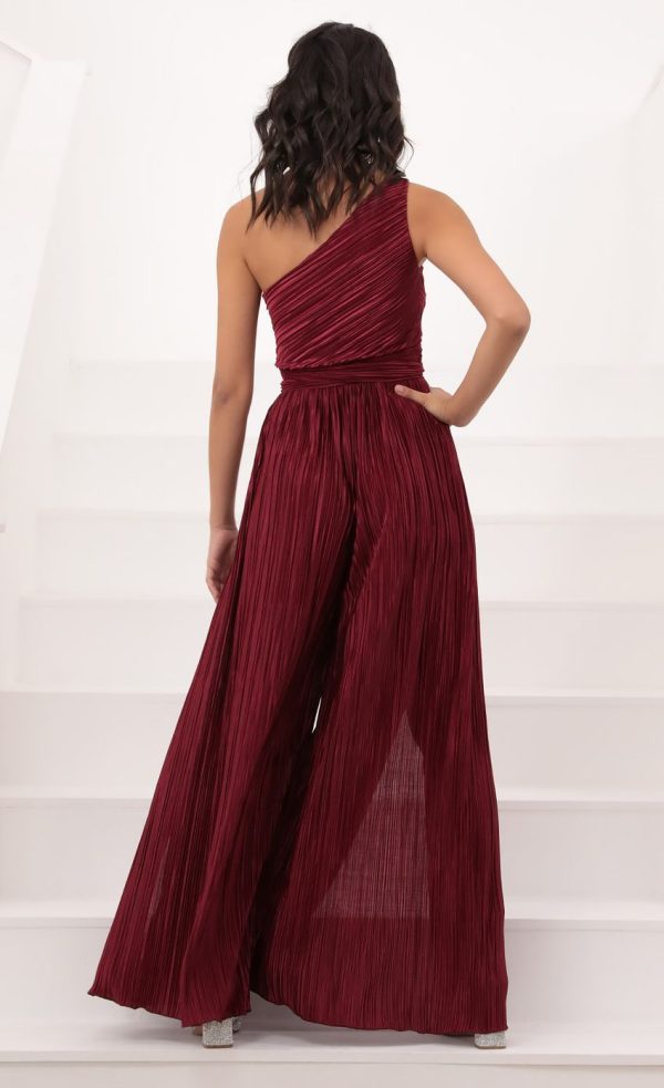 Shimmer One Shoulder Jumpsuit in Burgundy - Image 4