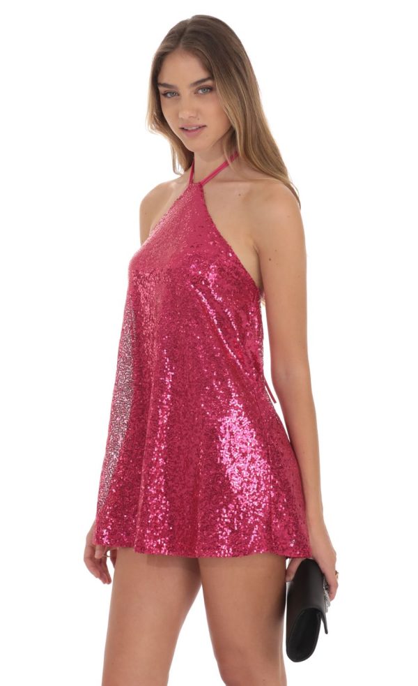 Sequin Halter Dress in Pink - Image 3