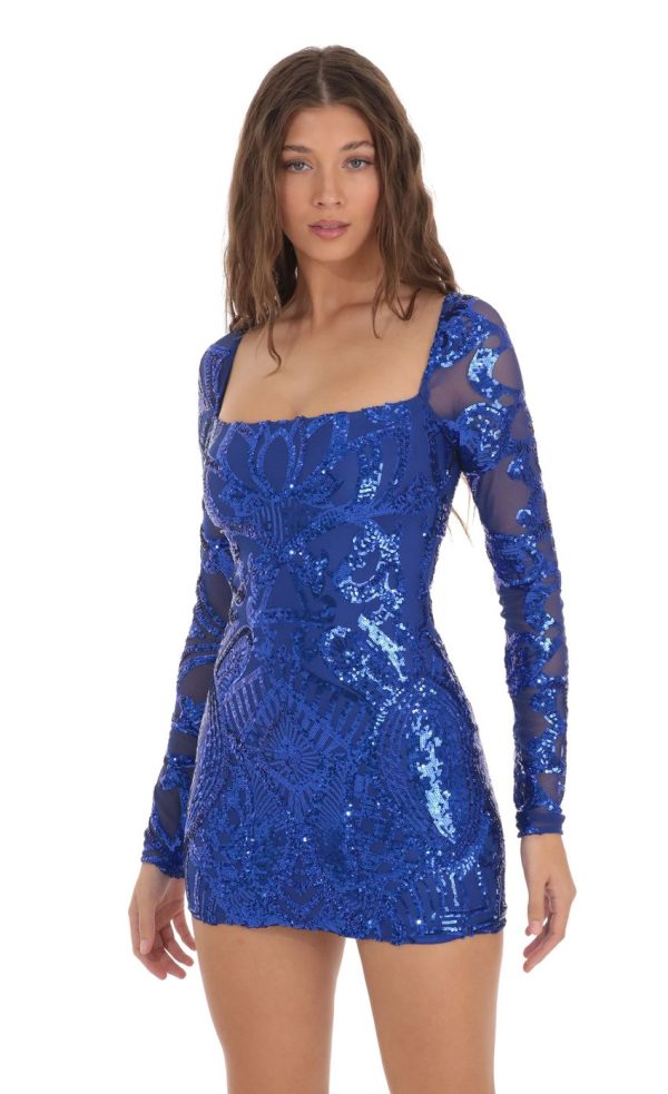 Sequin Square Neck Bodycon Dress in Royal Blue - Image 4