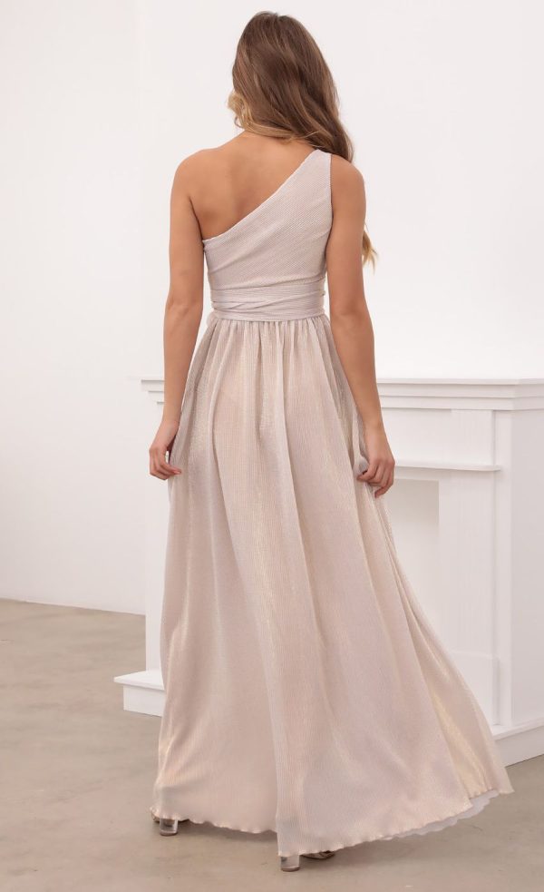 One Shoulder Pleated Dress in Gold - Image 2