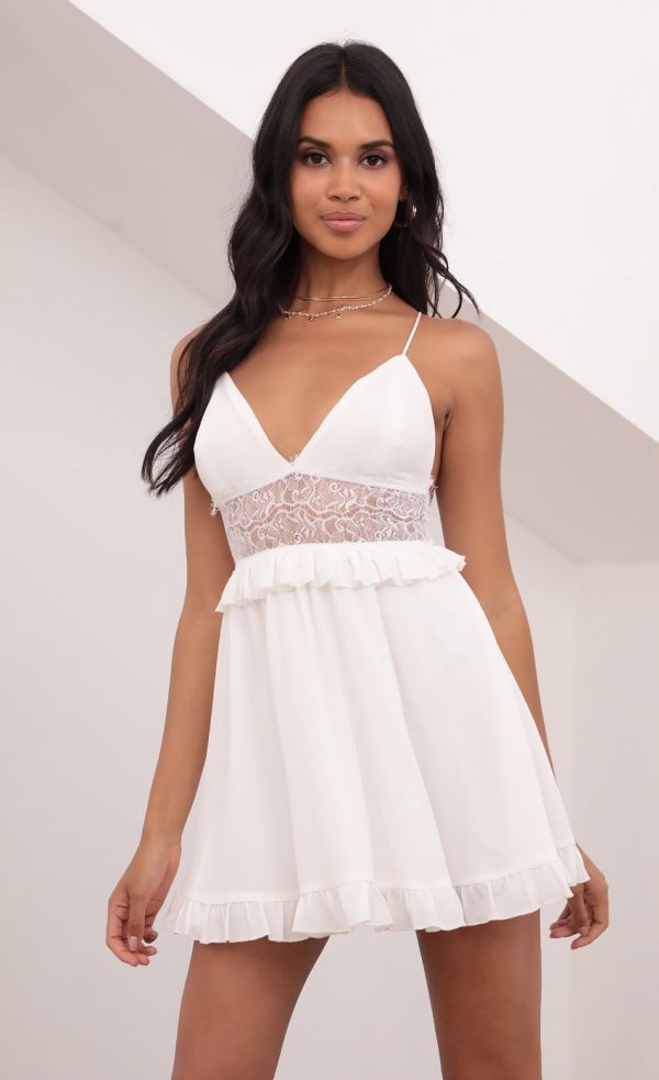Chiffon Lace Up Dress in White