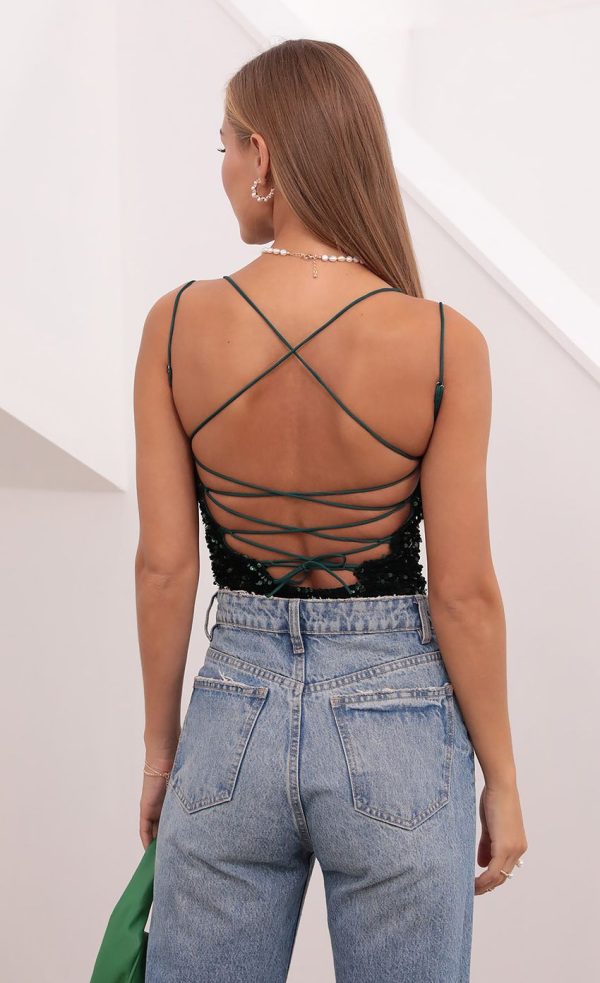 Sonia Lace Up Bodysuit in Green - Image 2