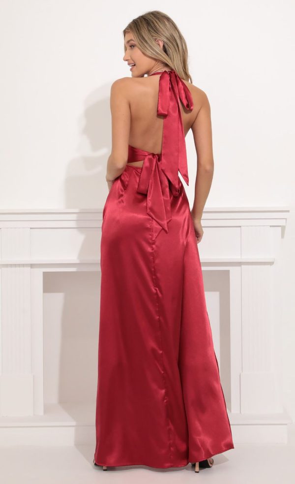 Satin Halter Maxi Dress in Red - Image 2