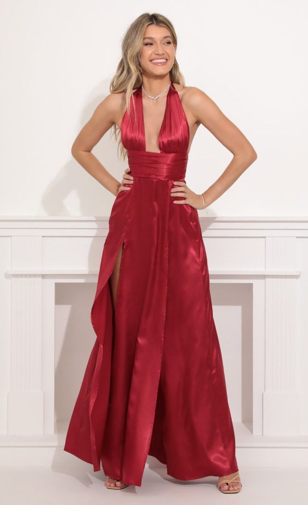 Satin Halter Maxi Dress in Red - Image 5