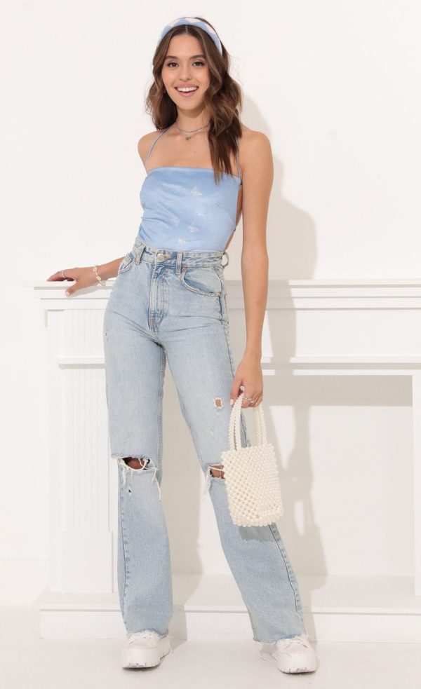 Strappy Back Bodysuit in Blue Velvet Butterfly - Image 4