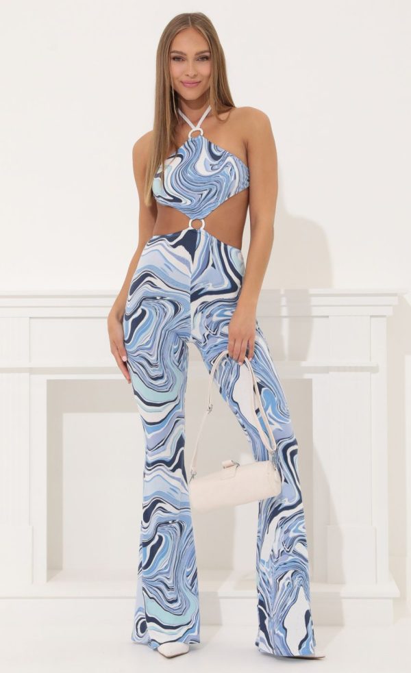 Cecilia Halter Jumpsuit in Blue Swirl