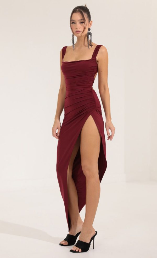 Ruched Side Slit Maxi Dress in Red - Image 3