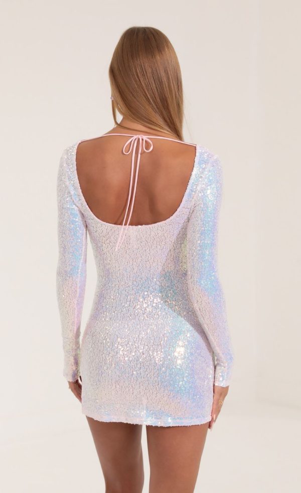 Iridescent Sequin Long Sleeve Dress in LightPink - Image 2