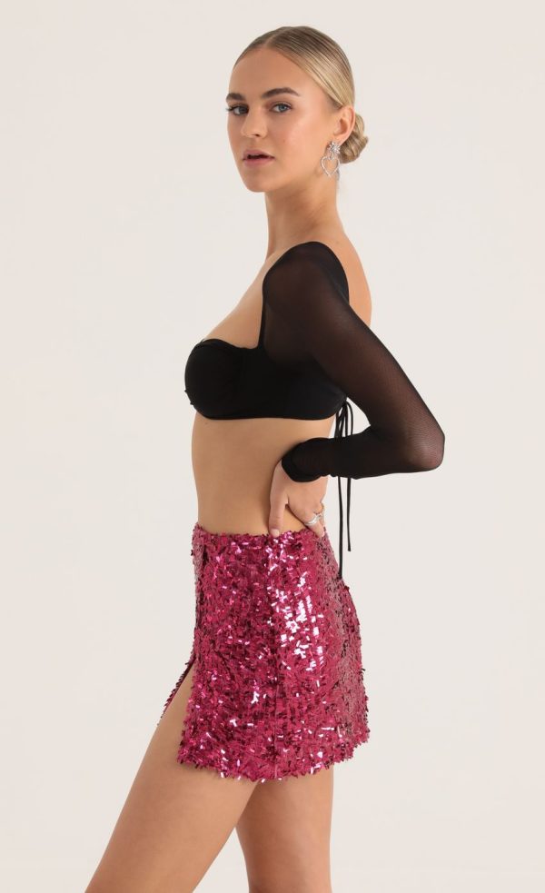 Lilla Sequin Mesh Mini Skirt in Pink - Image 4