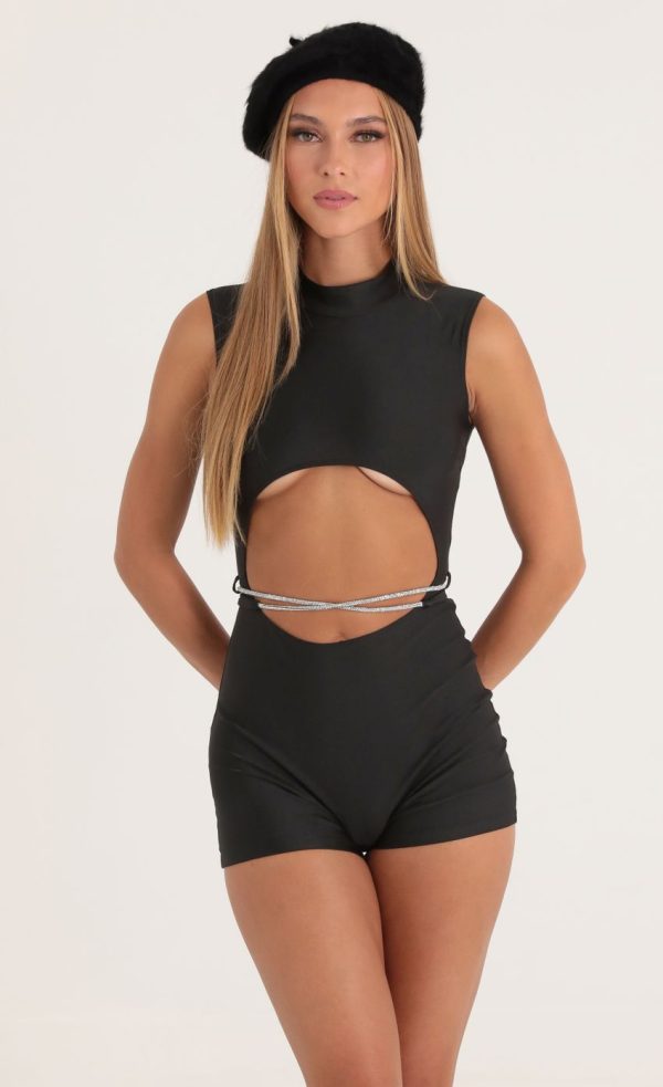 Rhinestone Cutout Romper in Black - Image 4