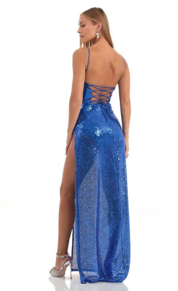 Sequin Cowl Neck Maxi Dress in Blue - Image 2