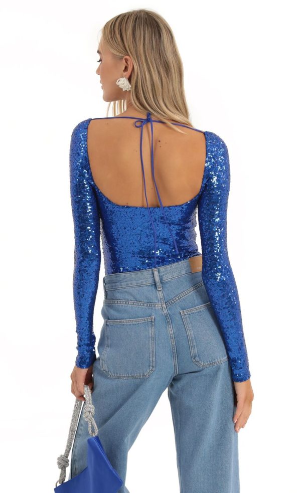 Sequin Long Sleeve Bodysuit in Blue - Image 2