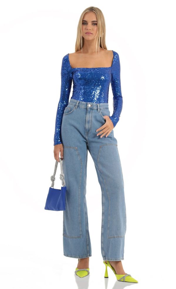 Sequin Long Sleeve Bodysuit in Blue - Image 4