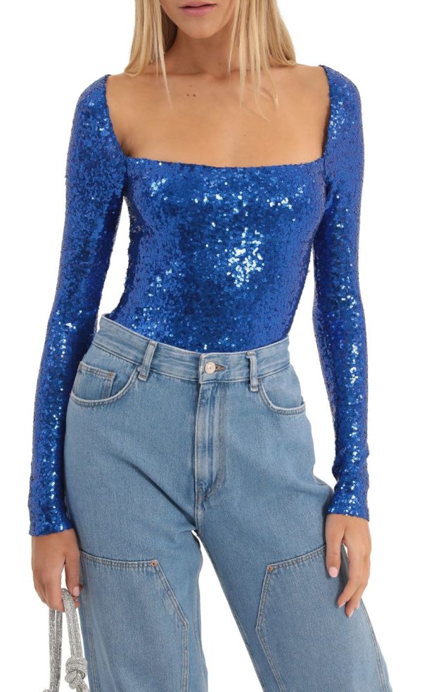 Sequin Long Sleeve Bodysuit in Blue - Image 5