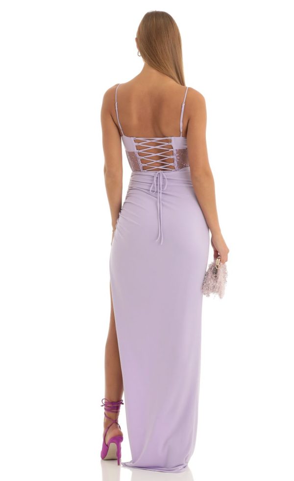 Cutout Glitter Corset Maxi Dress in Purple - Image 2