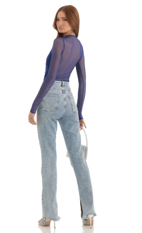 Rhinestone Mesh Bodysuit in Blue - Image 2