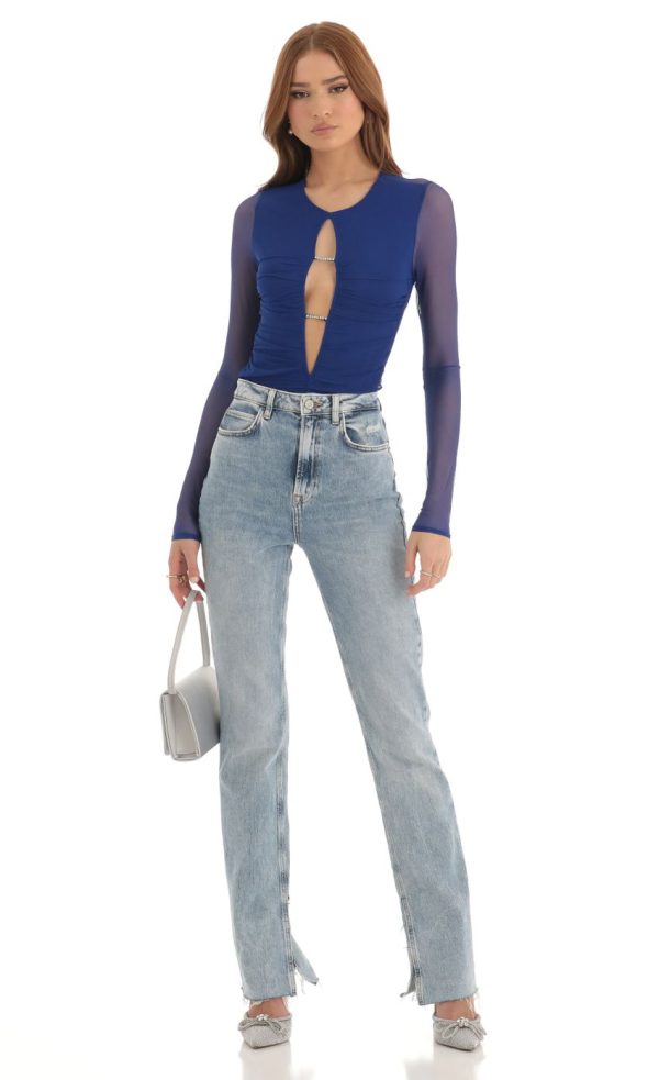 Rhinestone Mesh Bodysuit in Blue - Image 4
