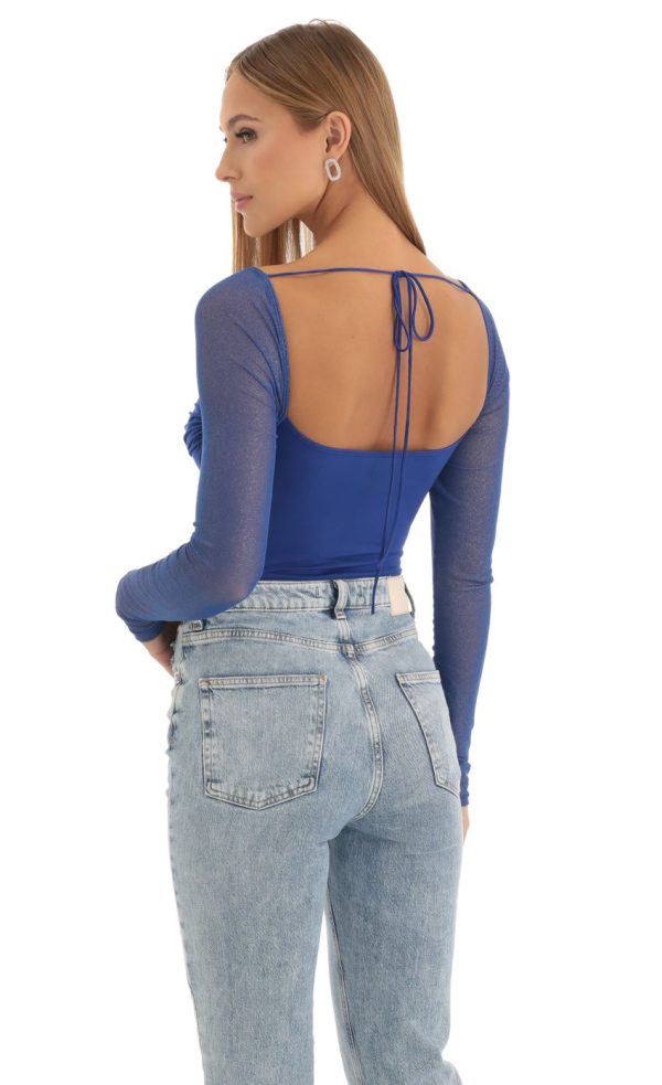 Glitter Mesh Long Sleeve Bodysuit in Blue - Image 2