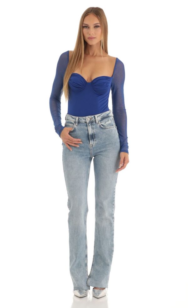 Glitter Mesh Long Sleeve Bodysuit in Blue - Image 4