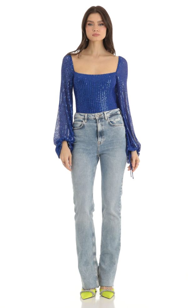 Sequin Long Sleeve Bodysuit in Blue - Image 2