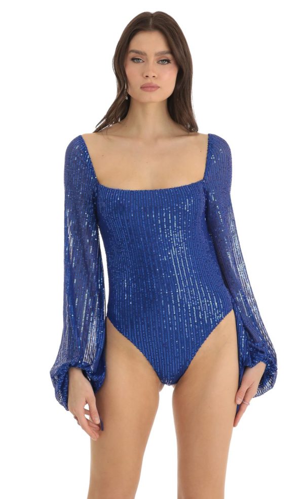 Sequin Long Sleeve Bodysuit in Blue - Image 4
