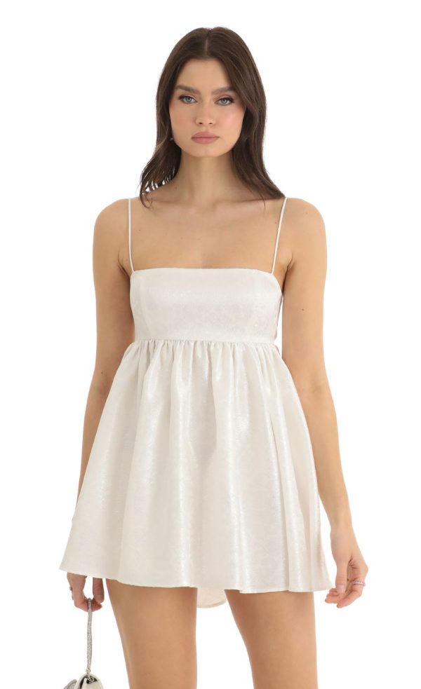 Floral Jacquard Baby Doll Dress in White - Image 3