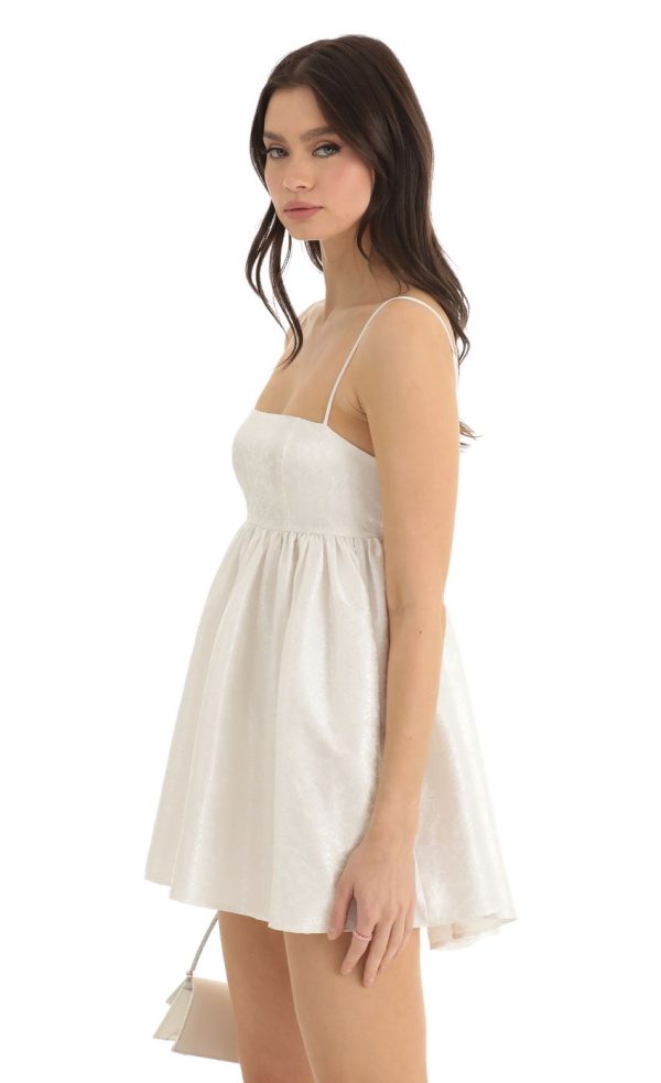 Floral Jacquard Baby Doll Dress in White - Image 4