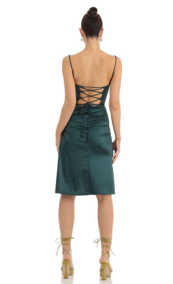 Satin Midi Dress in Green - Image 2