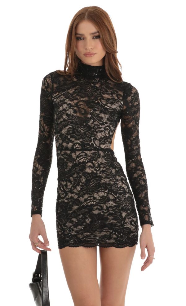 Sequin Lace Open Back Dress in Black - Image 4