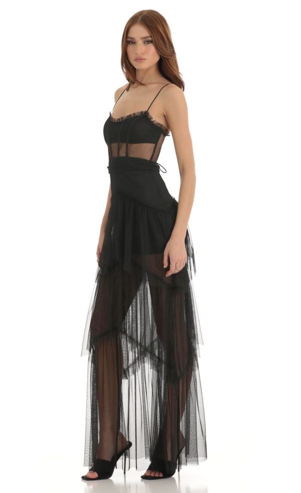 Mesh Corset Maxi Dress in Black - Image 3