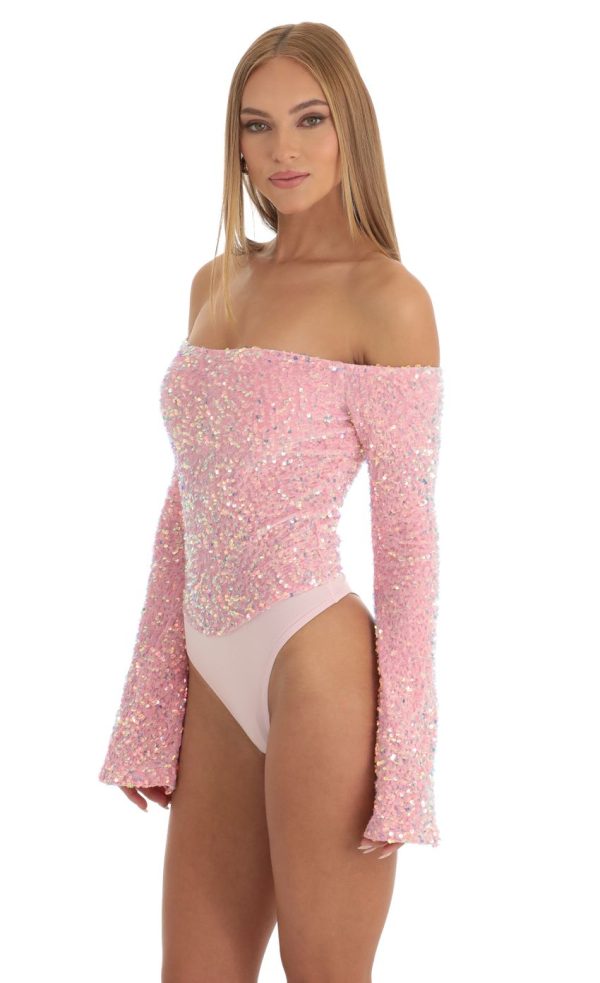 Velvet Sequin Bodysuit in Pink - Image 3