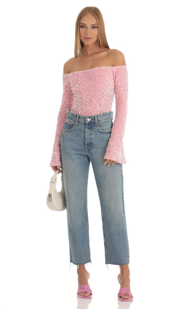 Velvet Sequin Bodysuit in Pink - Image 4