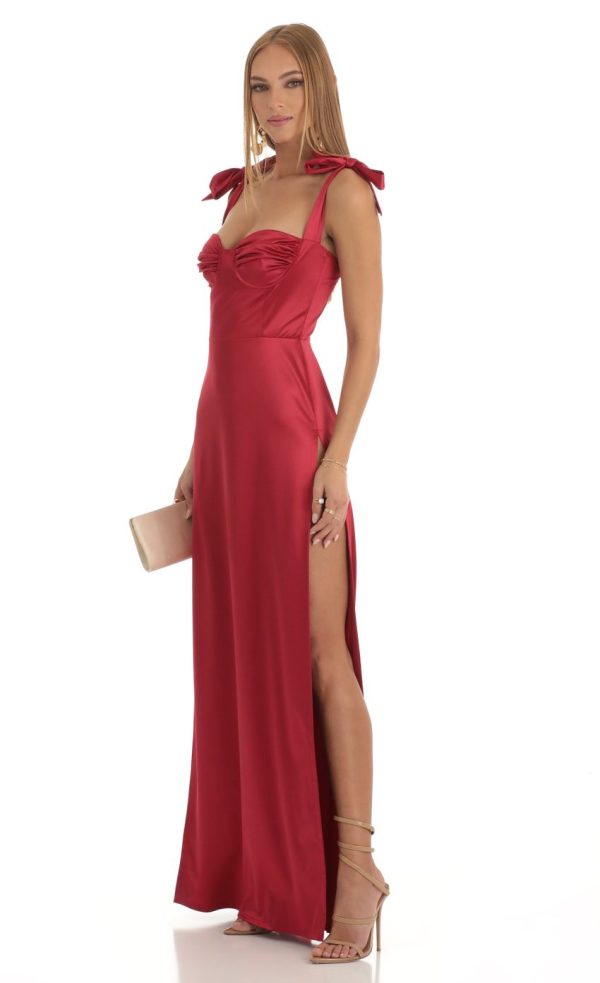 Satin Slit Maxi Dress in Red - Image 3