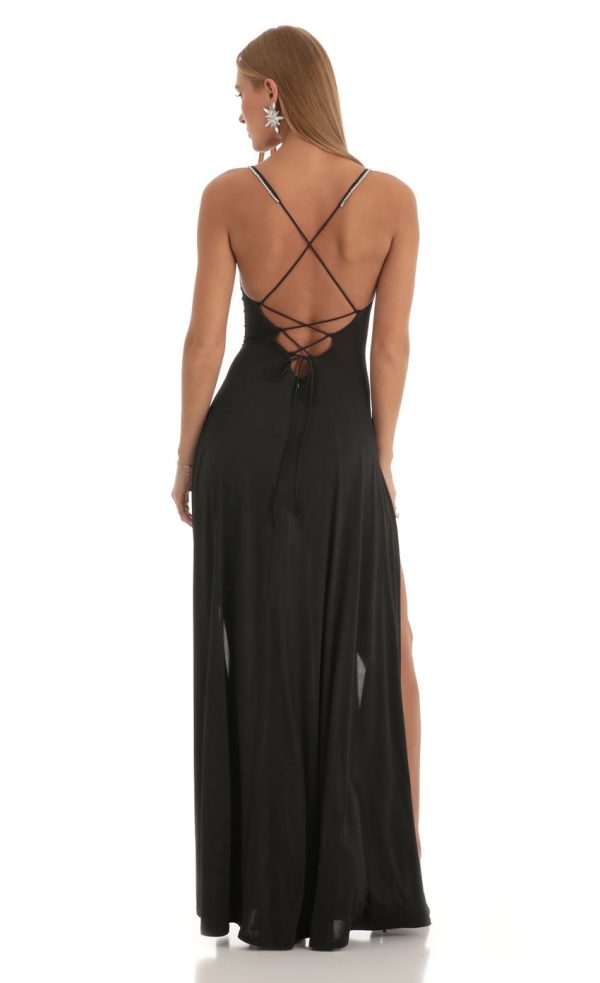 Rhinestone Slit Maxi Dress in Black - Image 2
