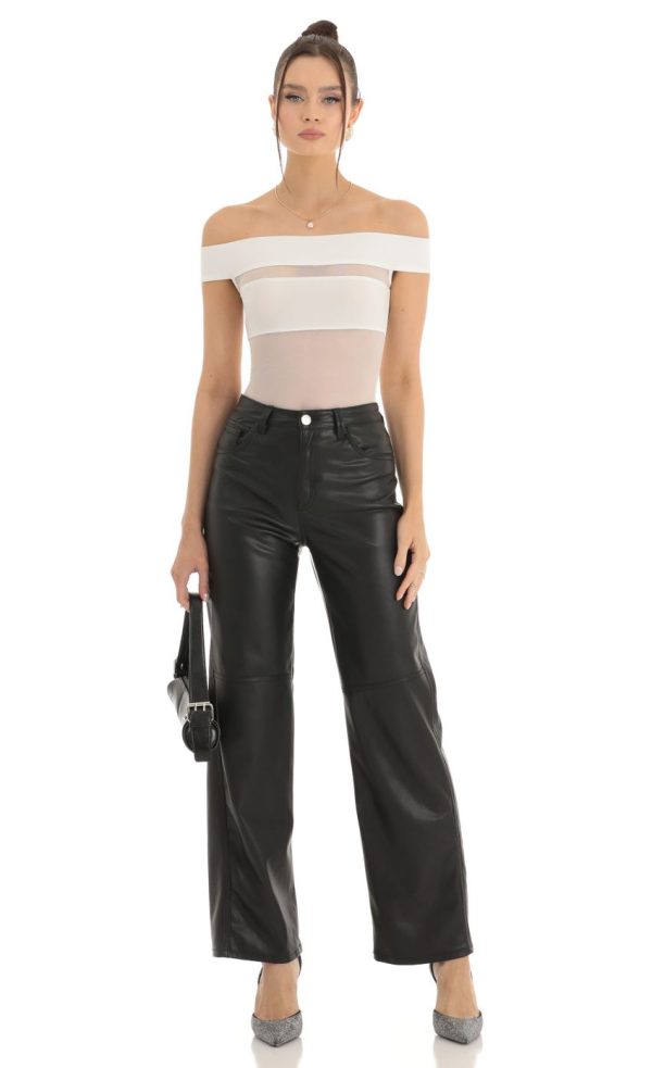 Off Shoulder Mesh Cut Out Bodysuit in White - Image 4