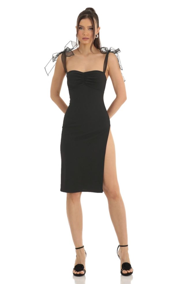 Shoulder Bow Tie Crepe Midi Dress in Black