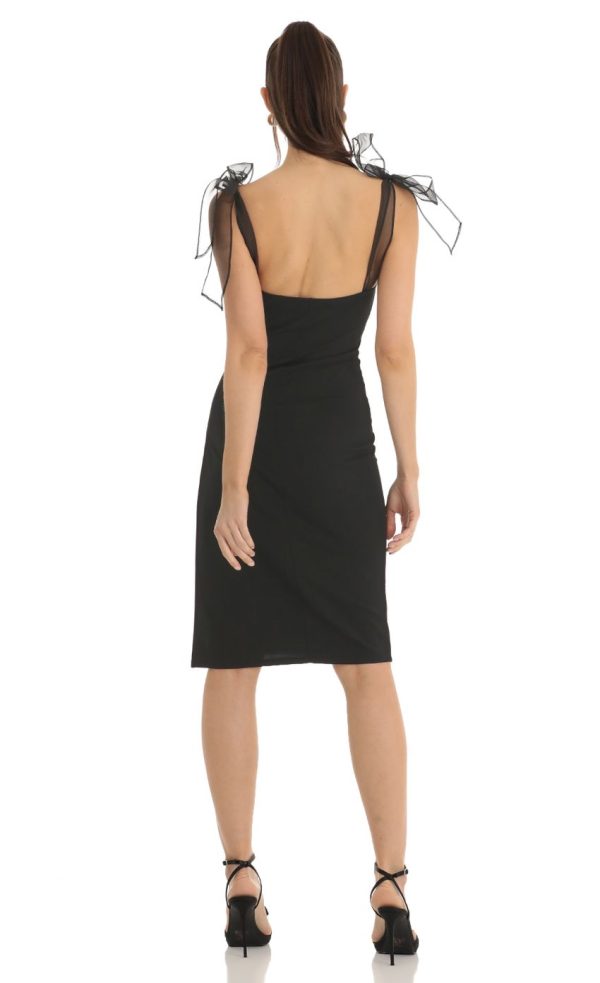 Shoulder Bow Tie Crepe Midi Dress in Black - Image 2