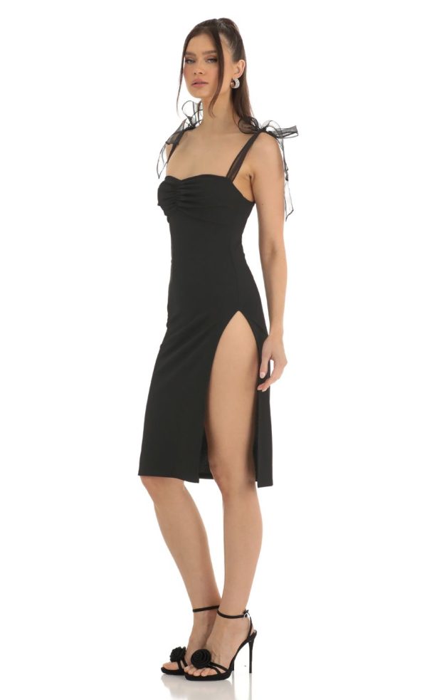 Shoulder Bow Tie Crepe Midi Dress in Black - Image 3