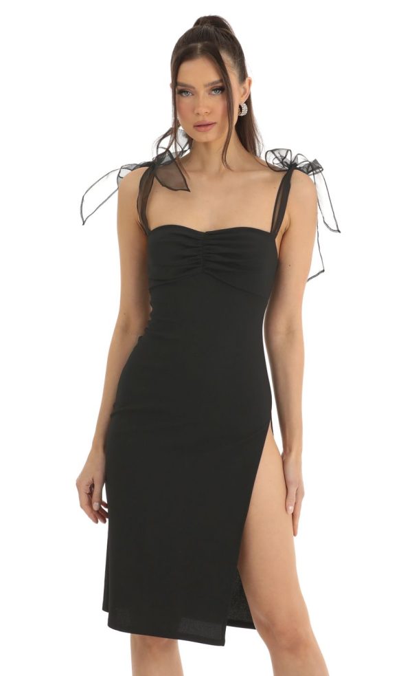 Shoulder Bow Tie Crepe Midi Dress in Black - Image 4