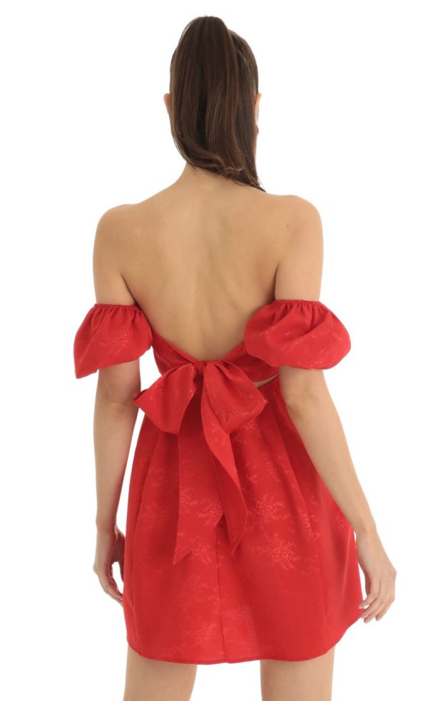 Jacquard Puff Sleeve Baby Doll Dress in Red - Image 2