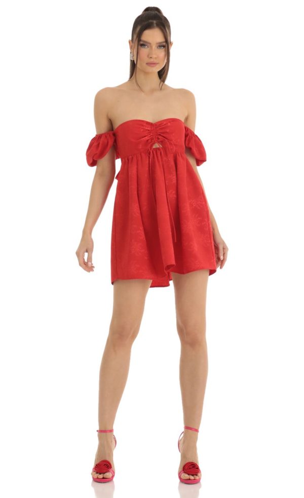 Jacquard Puff Sleeve Baby Doll Dress in Red - Image 4