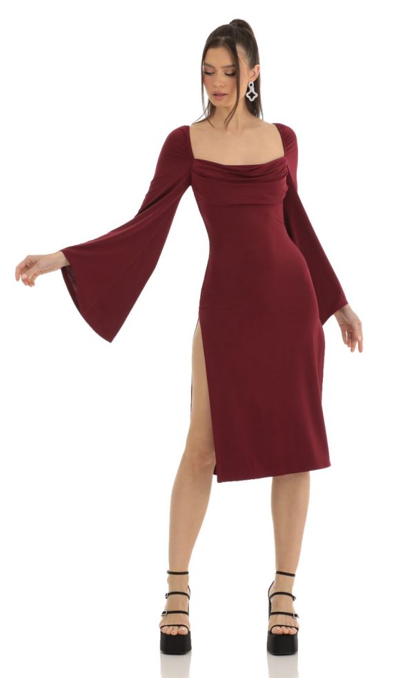 Flare Sleeve Midi Dress in Red